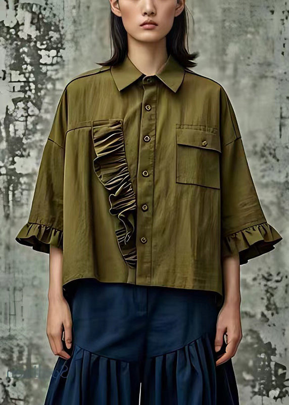 Army Green Ruffled Cotton Blouse Tops Flare Sleeve