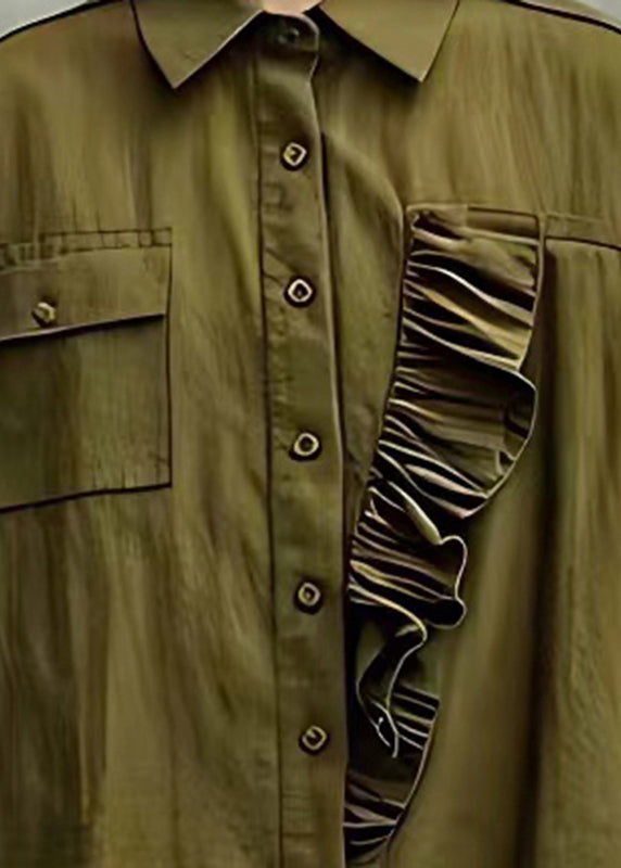 Army Green Ruffled Cotton Blouse Tops Flare Sleeve