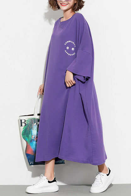 Batwing Sleeve Cotton Tunic Dress2025 Work Outfits Purple Print Maxi Dresses Summer
