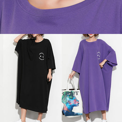 Batwing Sleeve Cotton Tunic Dress2025 Work Outfits Purple Print Maxi Dresses Summer
