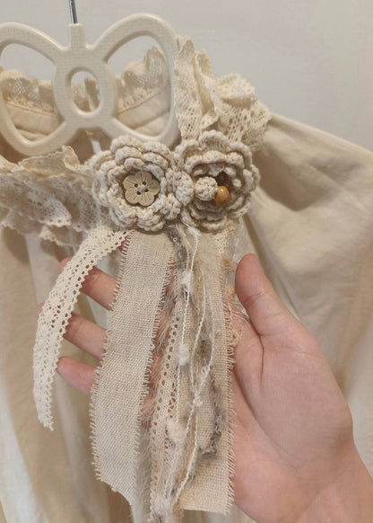 Chic Beige Floral Decorated Patchwork Lace Shirt Top Spring
