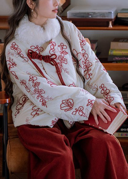 Beige Fur Collar Embroidered Chinese Button Cotton Filled Parka Winter