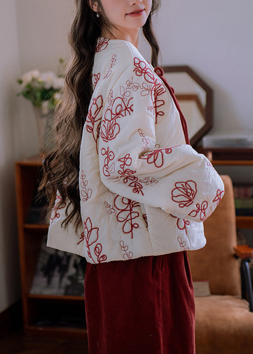Beige Fur Collar Embroidered Chinese Button Cotton Filled Parka Winter
