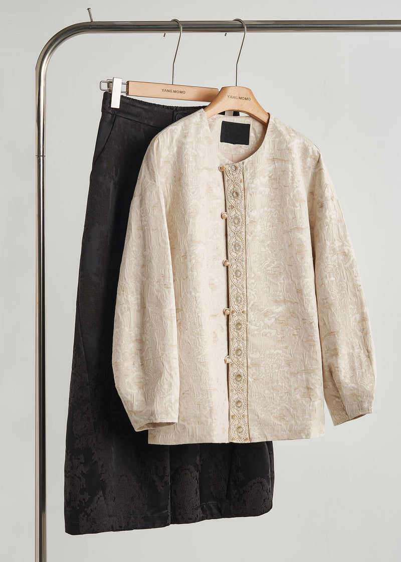 Beige Oversized Jacquard Cotton Coats Spring