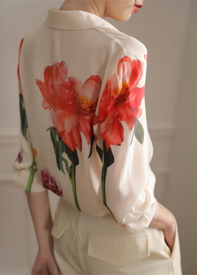 Beige Peter Pan Collar Print Button Chiffon Shirt Spring