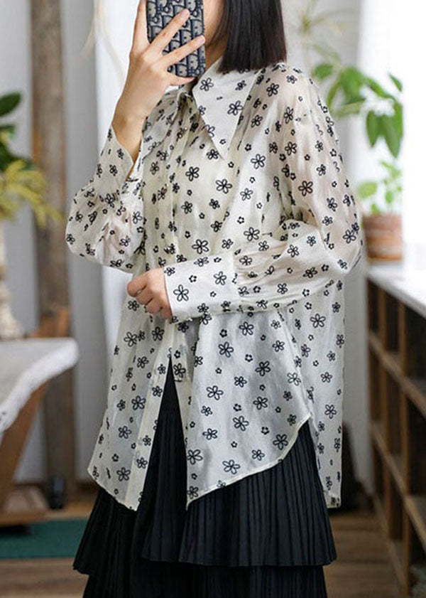 Beige Peter Pan Collar Print Patchwork Chiffon Blouses Long Sleeve