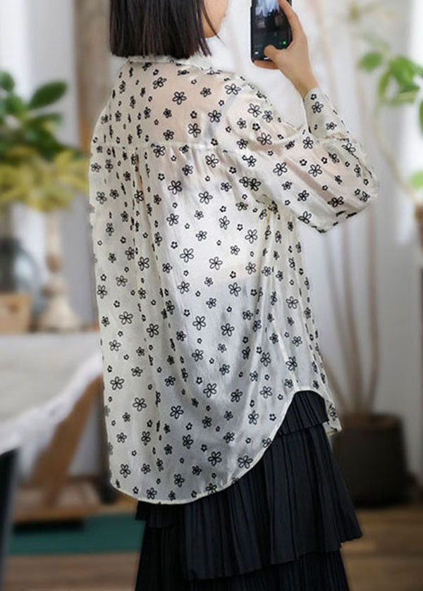 Beige Peter Pan Collar Print Patchwork Chiffon Blouses Long Sleeve