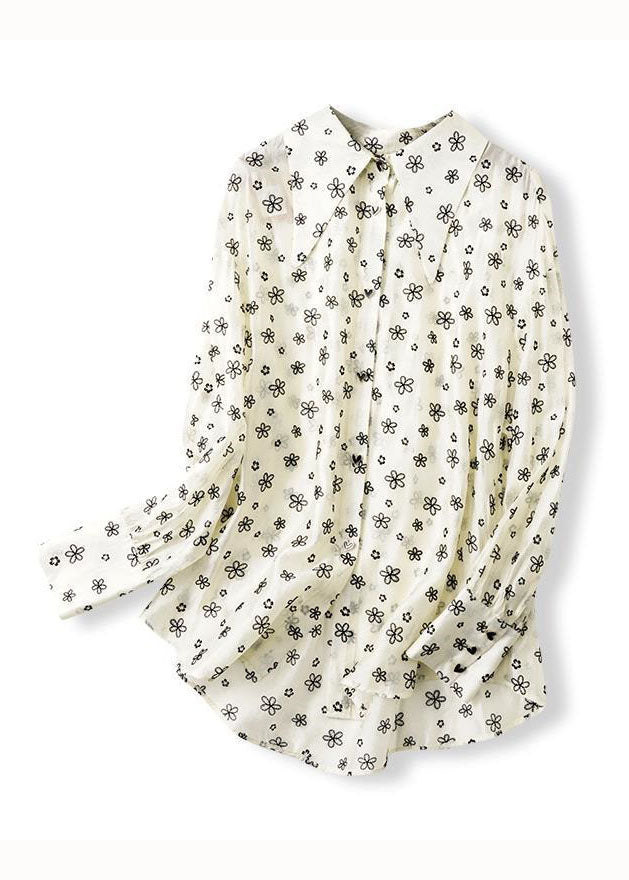 Beige Peter Pan Collar Print Patchwork Chiffon Blouses Long Sleeve