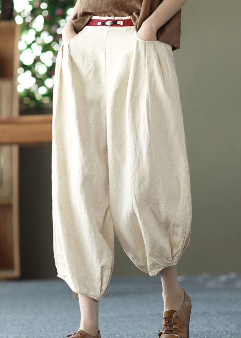 Beige Pockets Wrinkled Patchwork Linen Harem Pants Summer