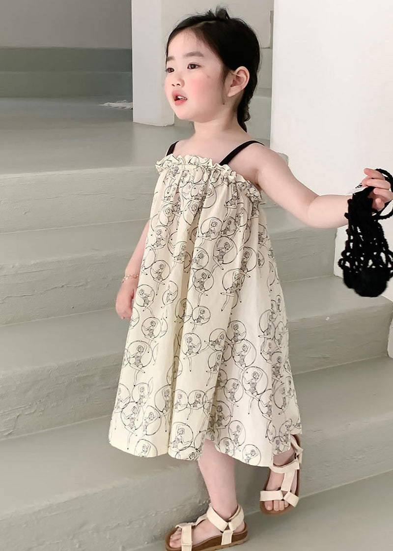 Beige Print Ruffled Patchwork Cotton Slip Maxi Dress Sleeveless