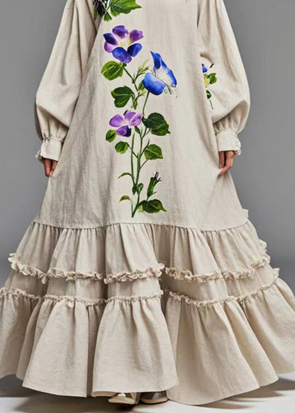 Beige Ruffled Print Cotton Holiday Dress Spring