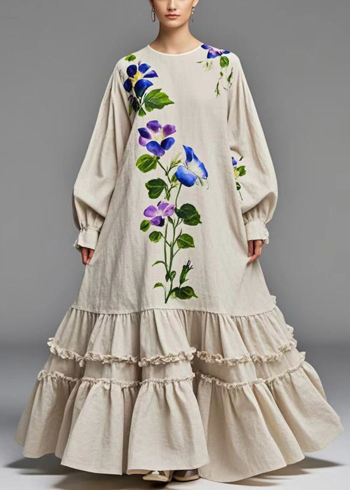Beige Ruffled Print Cotton Holiday Dress Spring