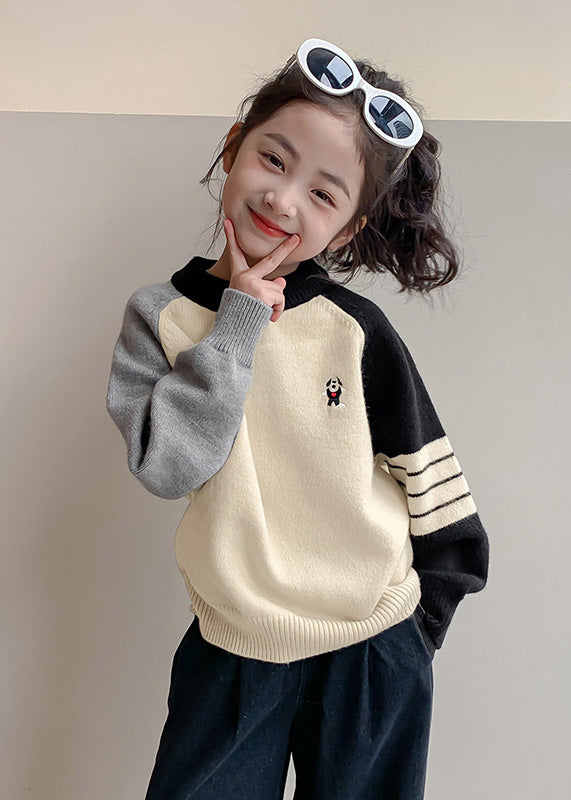 Beige Striped Patchwork Cotton Knit Kids Sweaters Spring