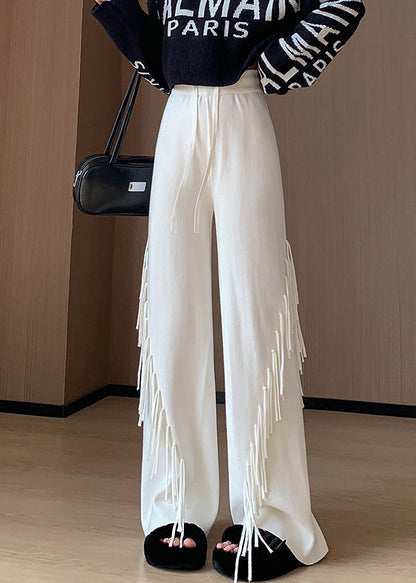 Beige Tasseled Elastic Waist Cotton Knit Pants Spring