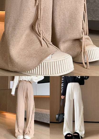 Beige Tasseled Elastic Waist Cotton Knit Pants Spring