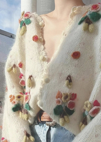 Beige V Neck Button Patchwork Knit Cardigan Spring