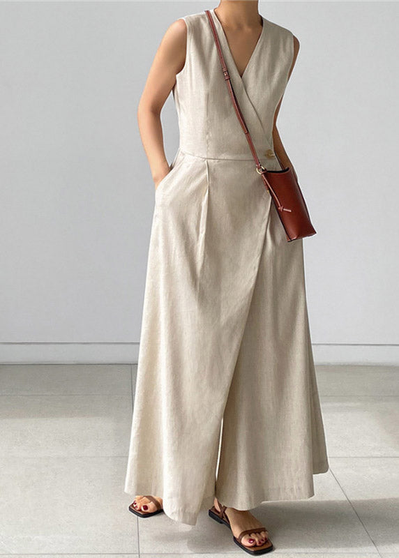 Apricot Texture V Neck Button Pockets Jumpsuit Pants Summer