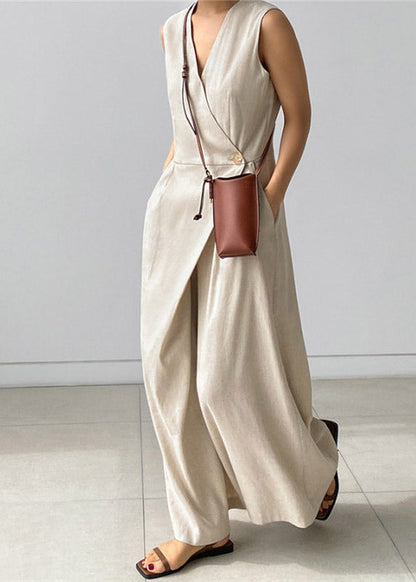 Pink Crane V Neck Button Pockets Jumpsuit Pants Summer
