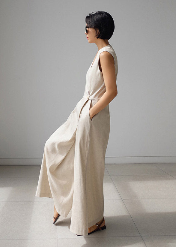 Beige V Neck Button Pockets Jumpsuit Pants Summer