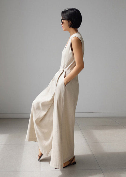 Apricot Texture V Neck Button Pockets Jumpsuit Pants Summer