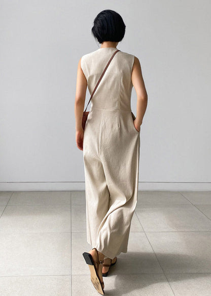 Pink Crane V Neck Button Pockets Jumpsuit Pants Summer