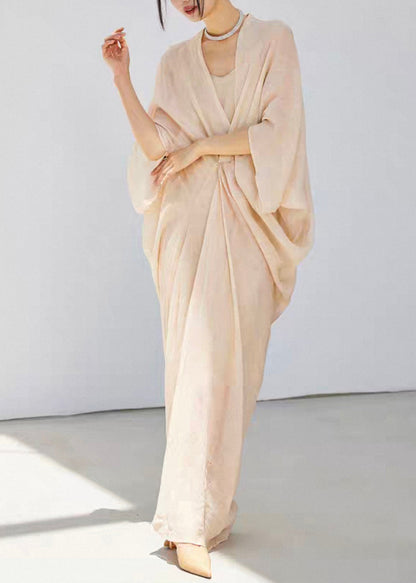 Beige V Neck Wrinkled Linen Silk Dress Bracelet Sleeve