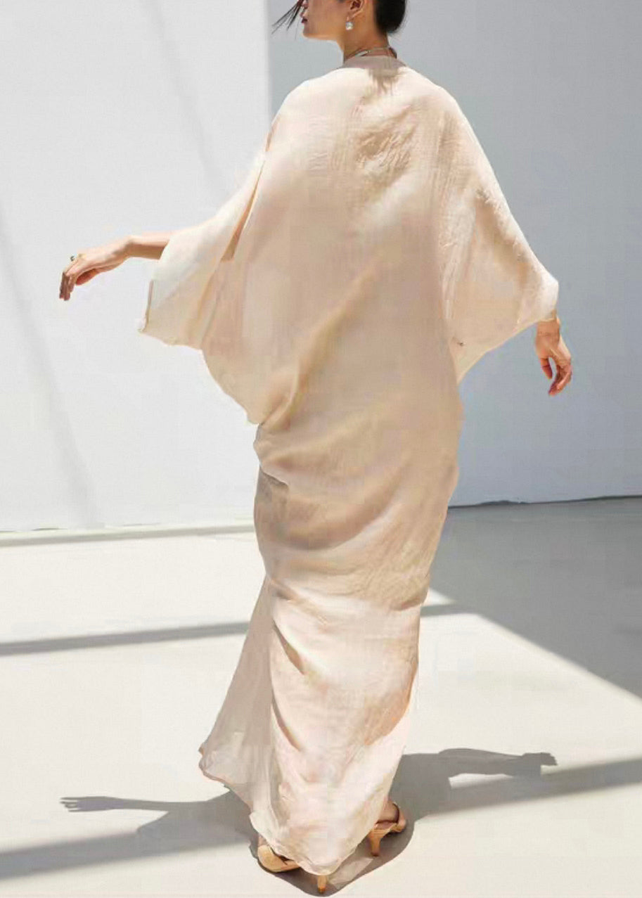 Beige V Neck Wrinkled Linen Silk Dress Bracelet Sleeve