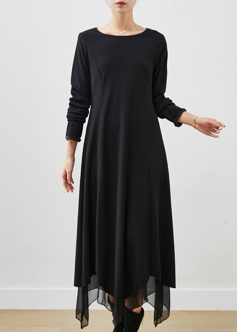 Black Asymmetrical Exra Large Hem Cotton Long Dress Spring