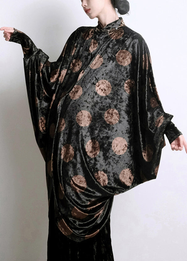 Black Asymmetrical Print Silk Velour Shirts Batwing Sleeve