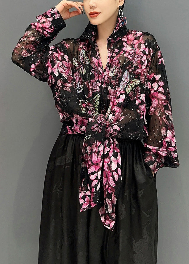 Black Base Butterfly Chiffon Shirt Tops Fall