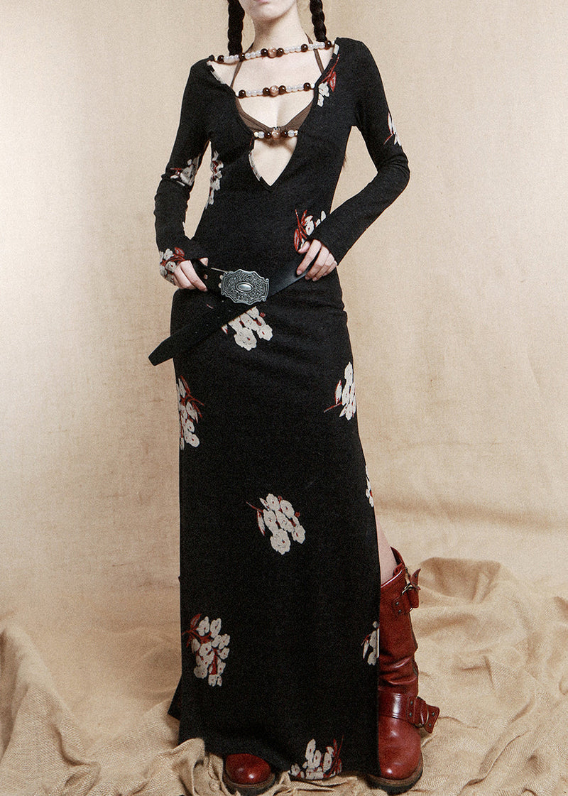 Black Beading Wear on Both Sides Cotton Dress Long Sleeve