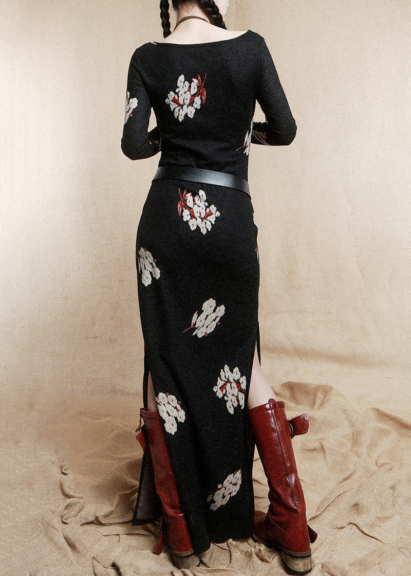 Black Beading Wear on Both Sides Cotton Dress Long Sleeve