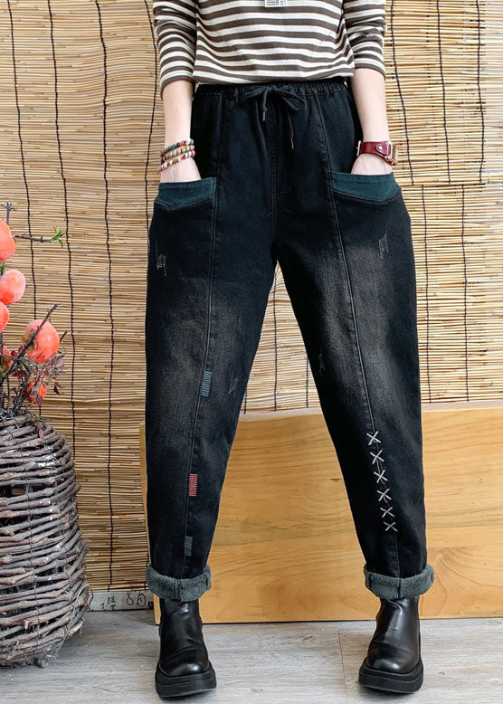 Black Cinched Pockets Denim Harem Pants Winter
