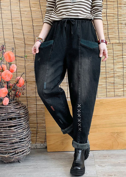 Black Cinched Pockets Denim Harem Pants Winter