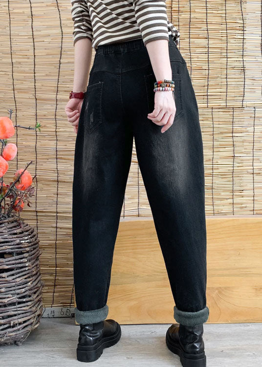 Black Cinched Pockets Denim Harem Pants Winter