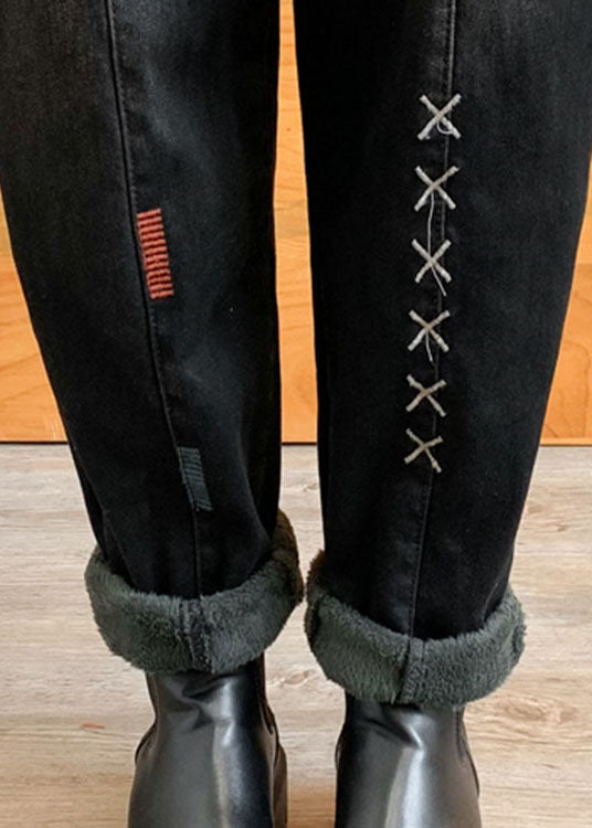 Black Cinched Pockets Denim Harem Pants Winter