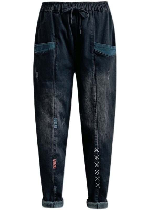 Black Cinched Pockets Denim Harem Pants Winter