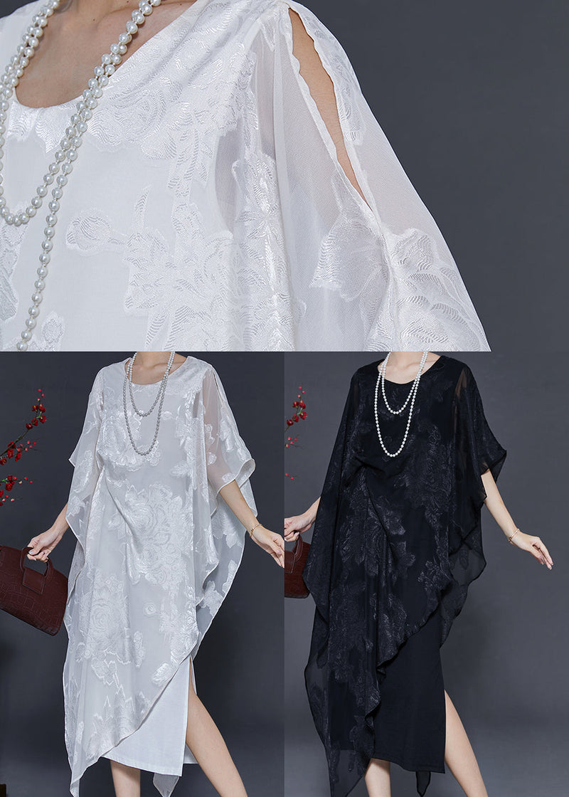 Black Cold Shoulder Jacquard Silk Dresses Summer