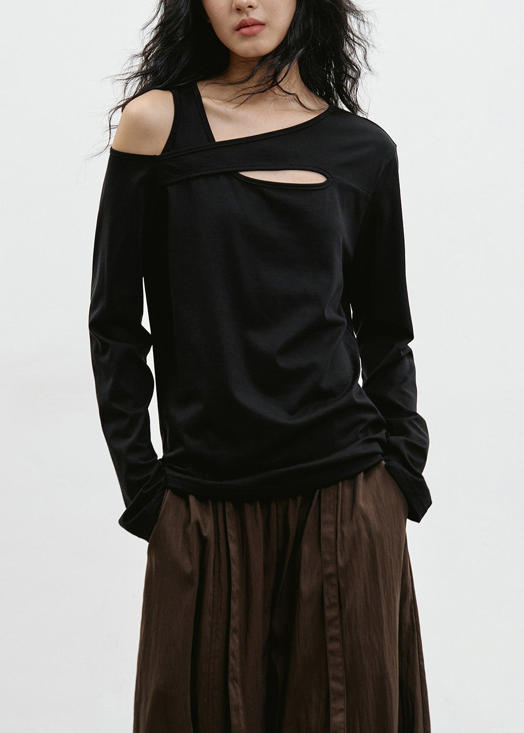 Chic Black Cold Shoulder Patchwork Cotton T Shirt Top Spring