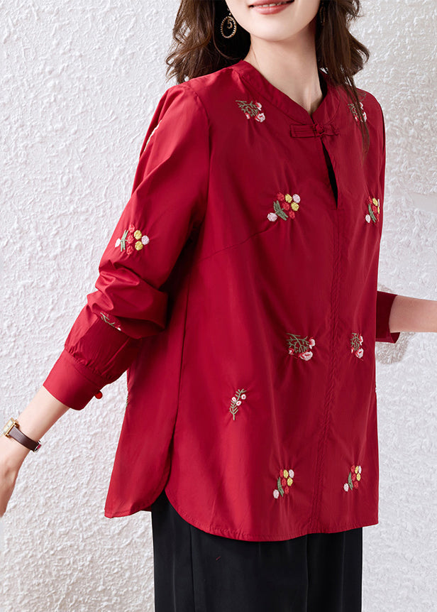 Black Embroidered Chinese Button Cotton Shirt Top Fall
