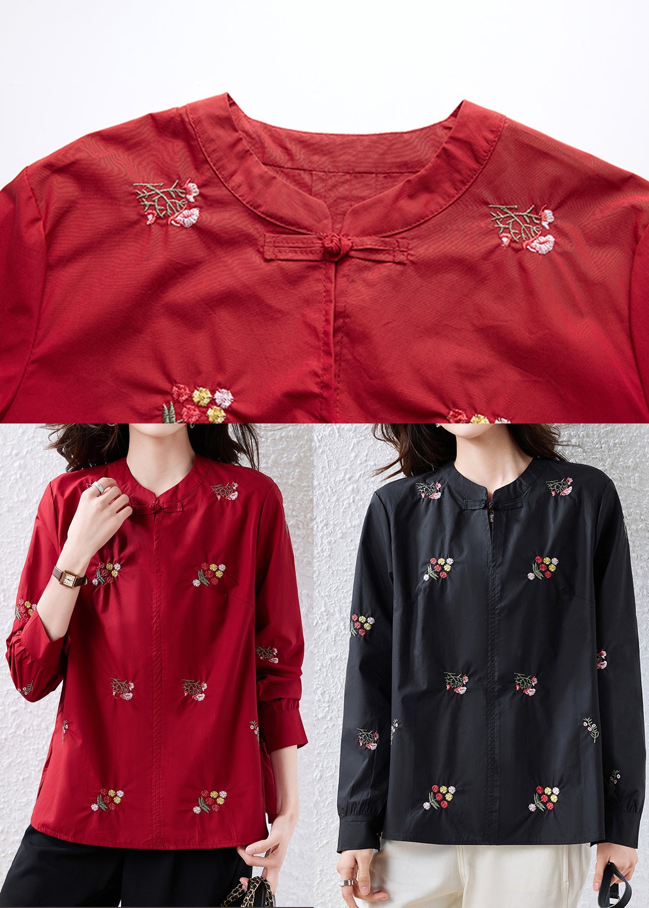 Chic Black Embroidered Chinese Button Cotton Shirt Top Fall