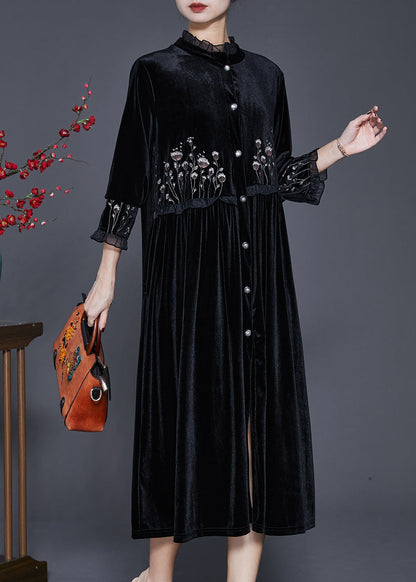 Black Embroidered Patchwork Ruffled Silk Velvet Dress Bracelet Sleeve