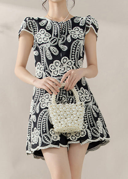 Black Embroidered Side Open Top and Shorts Two Piece Set Summer
