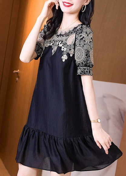 Black Embroideried O-neck Hollow Out Long Dresses Short Sleeve