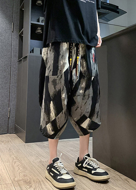 Black Embroideried Pockets Cotton Summer Crop Pants