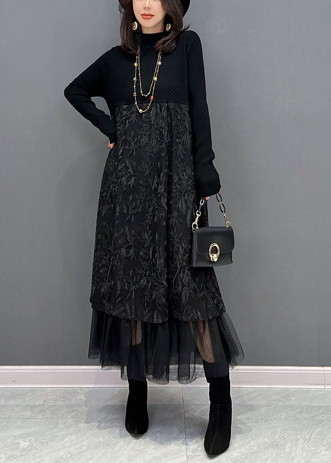 Black Embroideried Tulle Patchwork Knit Dresses Winter
