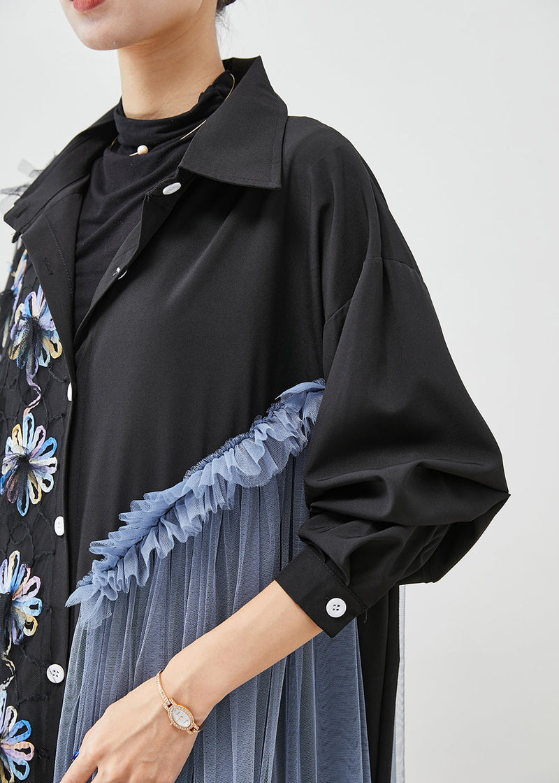 Black Ruffled Patchwork Tulle Cotton Shirt Dress Fall