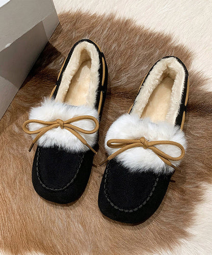Black Fuzzy Wool Lined Splicing Penny Loafers