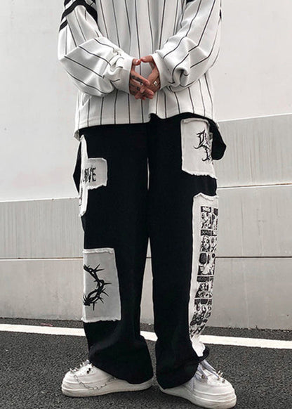 Black High Waist Patchwork Cotton Pants Fall