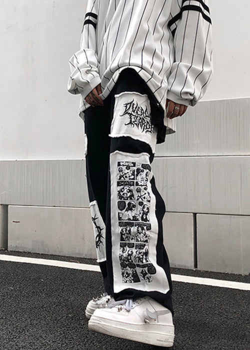Black High Waist Patchwork Cotton Pants Fall